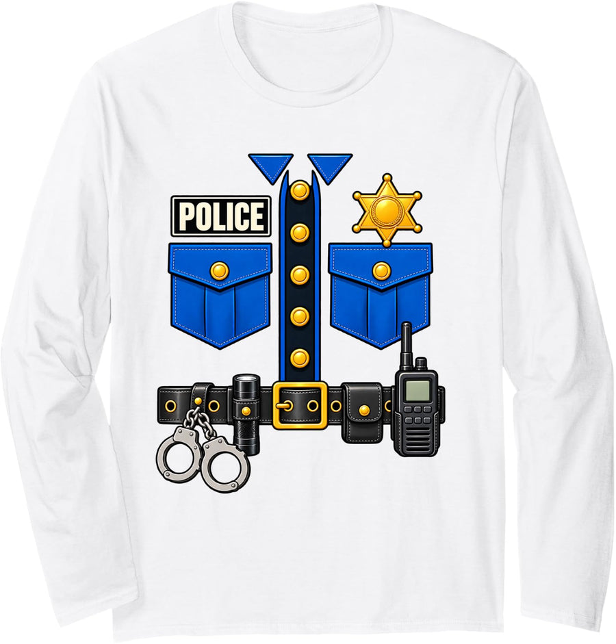 Police Officer Uniform Badge Handcuffs Halloween Costume Long Sleeve T-Shirt - Adult Unisex White