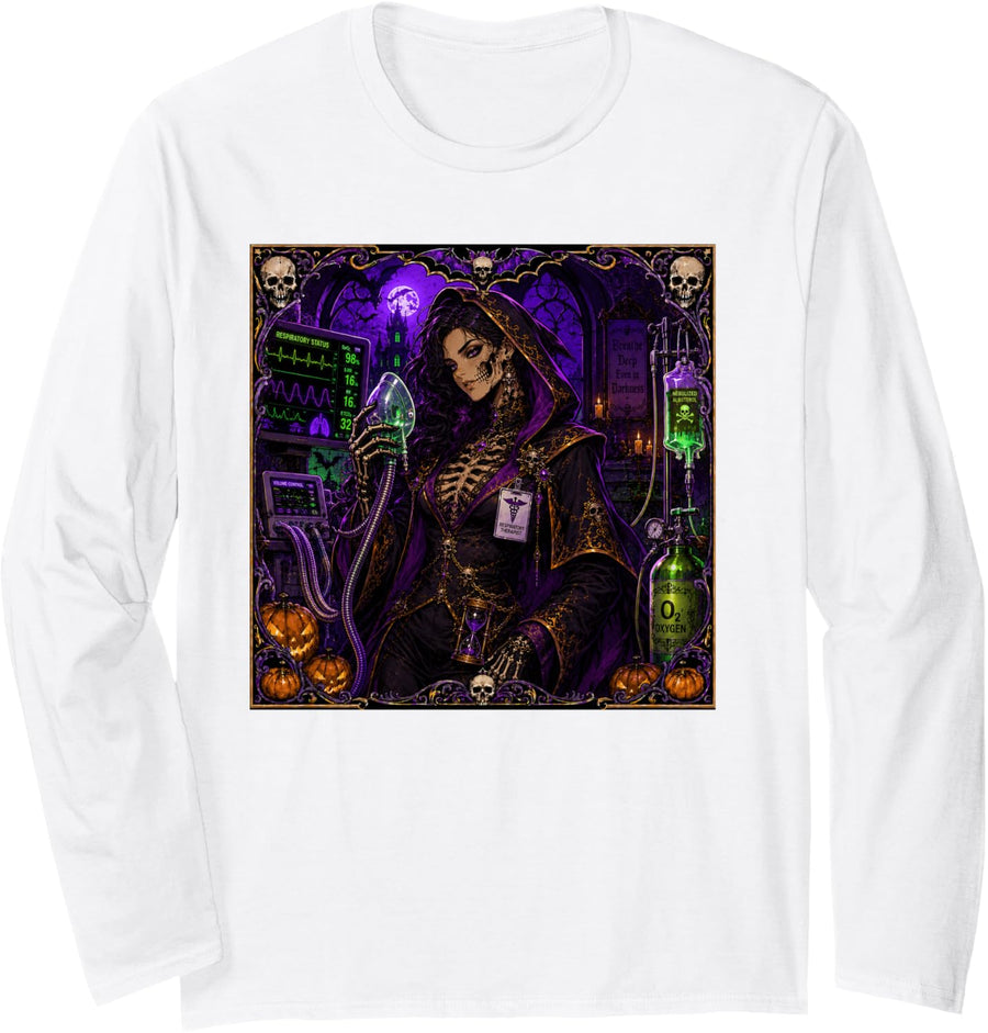 Respiratory Therapist Therapy Skeleton Spooky Horror Womens Long Sleeve T-Shirt - Adult Unisex White