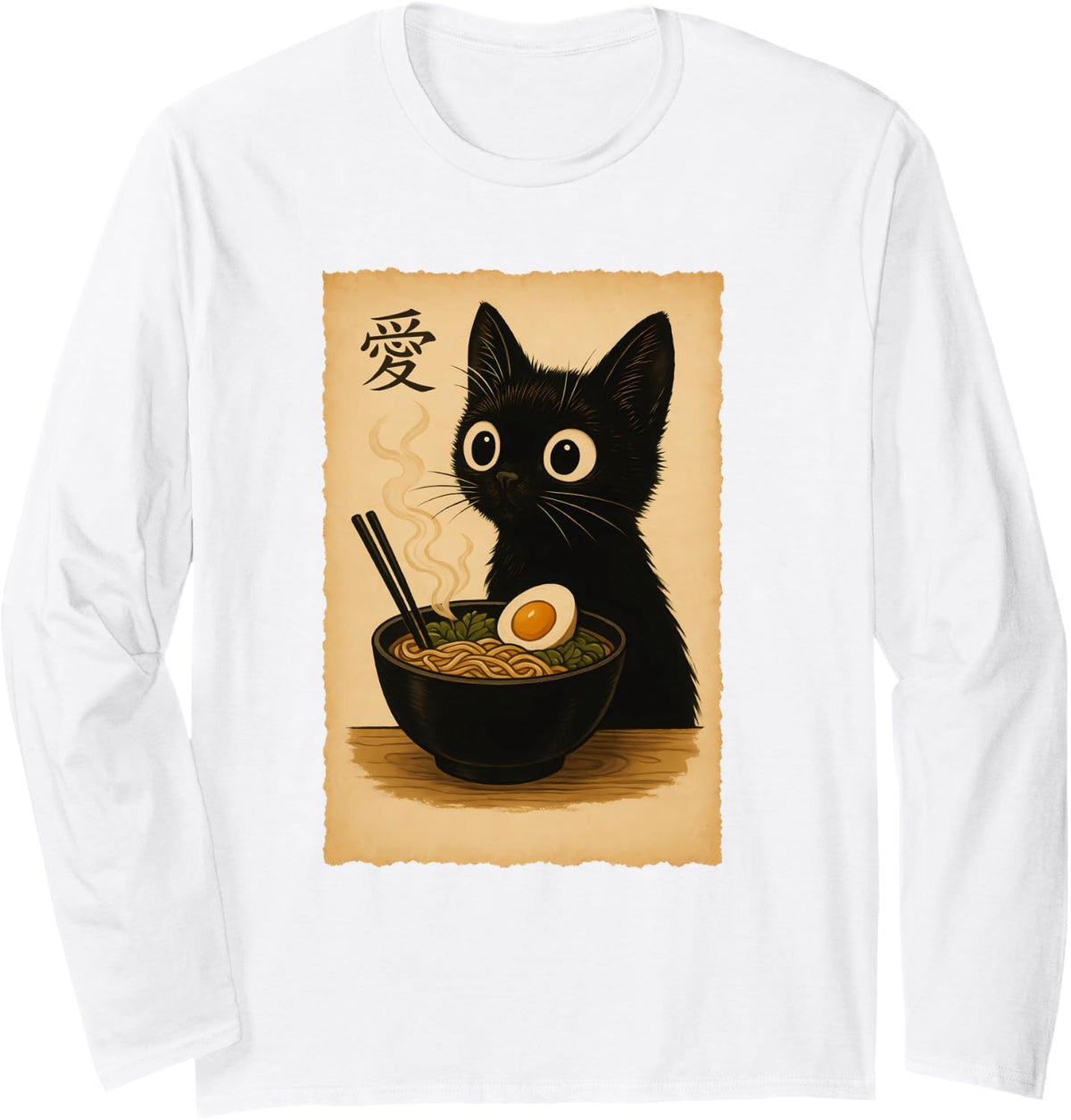 Funny Cat Ramen Cool T Japanese Kawaii Anime Graphic Tee Long Sleeve T-Shirt - Adult Unisex White