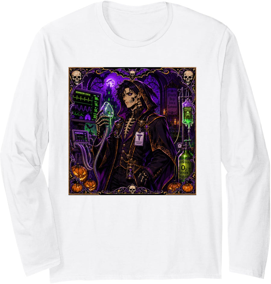 Respiratory Therapist Therapy Skeleton Spooky Horror Mens Long Sleeve T-Shirt - Adult Unisex White