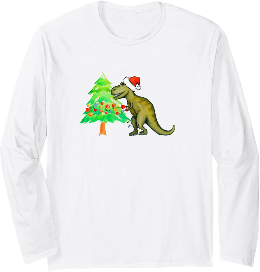 T-Rex Funny Christmas Tree Decorating Long Sleeve T-Shirt - Adult Unisex White