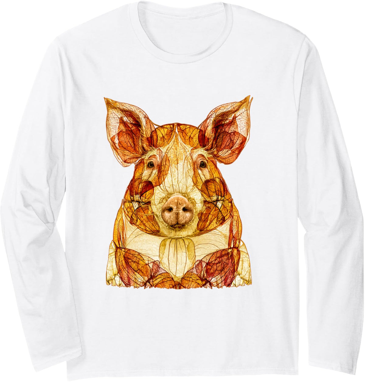 Fall Pig with Autumn Leaves Collage Farm Animal Art Long Sleeve T-Shirt - Adult Unisex White