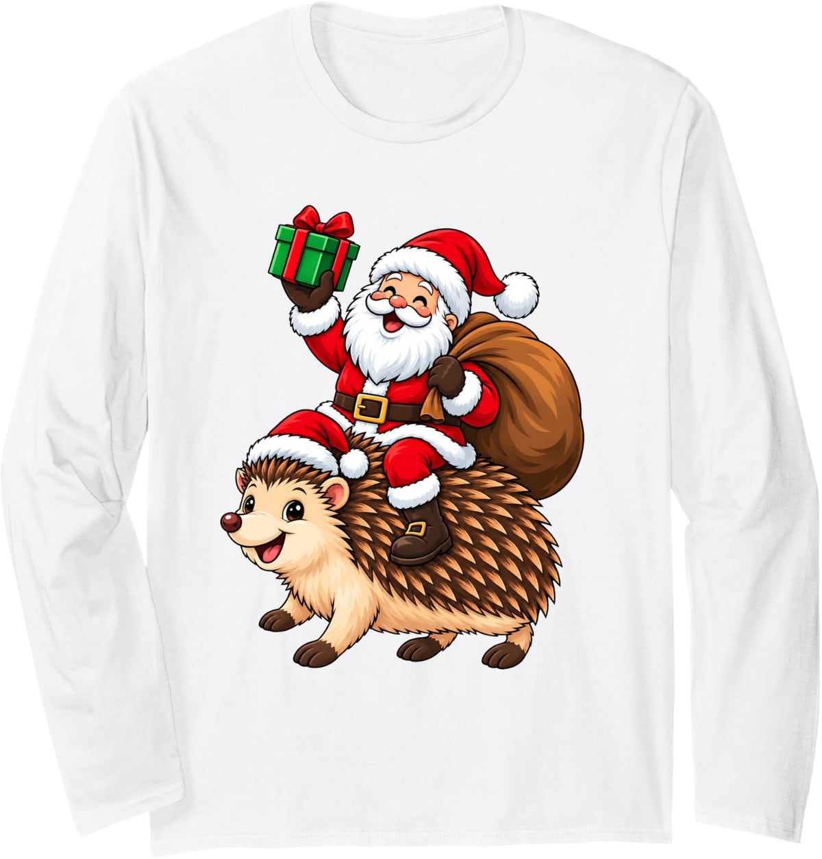 Funny Festive Santa Riding Hedgehog Christmas Long Sleeve T-Shirt - Adult Unisex White