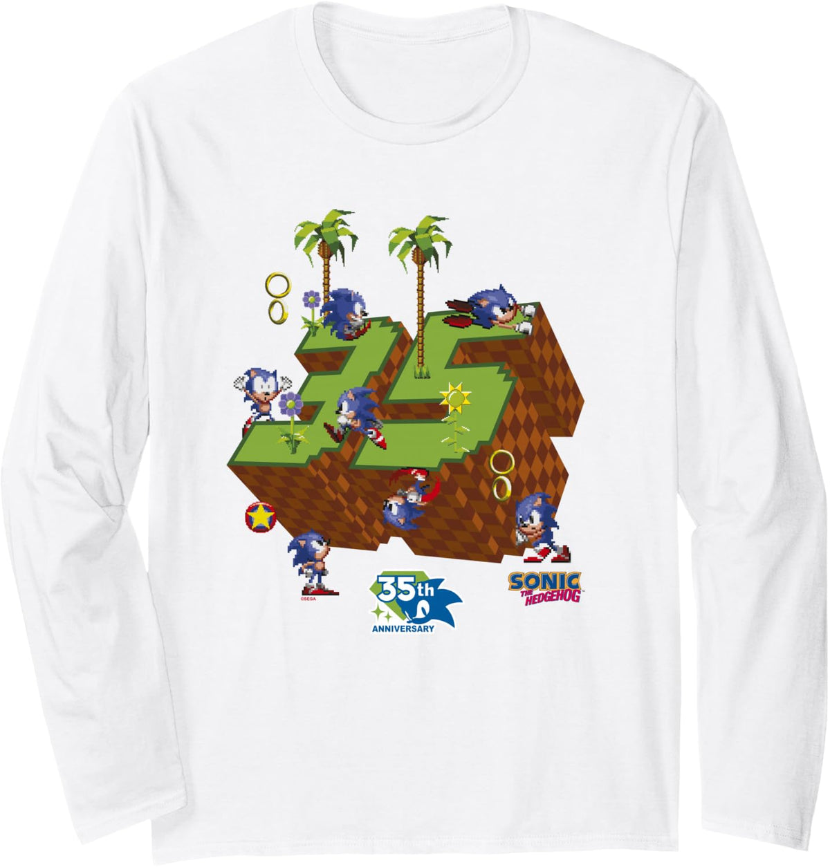 Sonic The Hedgehog Anniversary 35 Number 35 Green Hill Zone Long Sleeve T-Shirt - Adult Unisex White