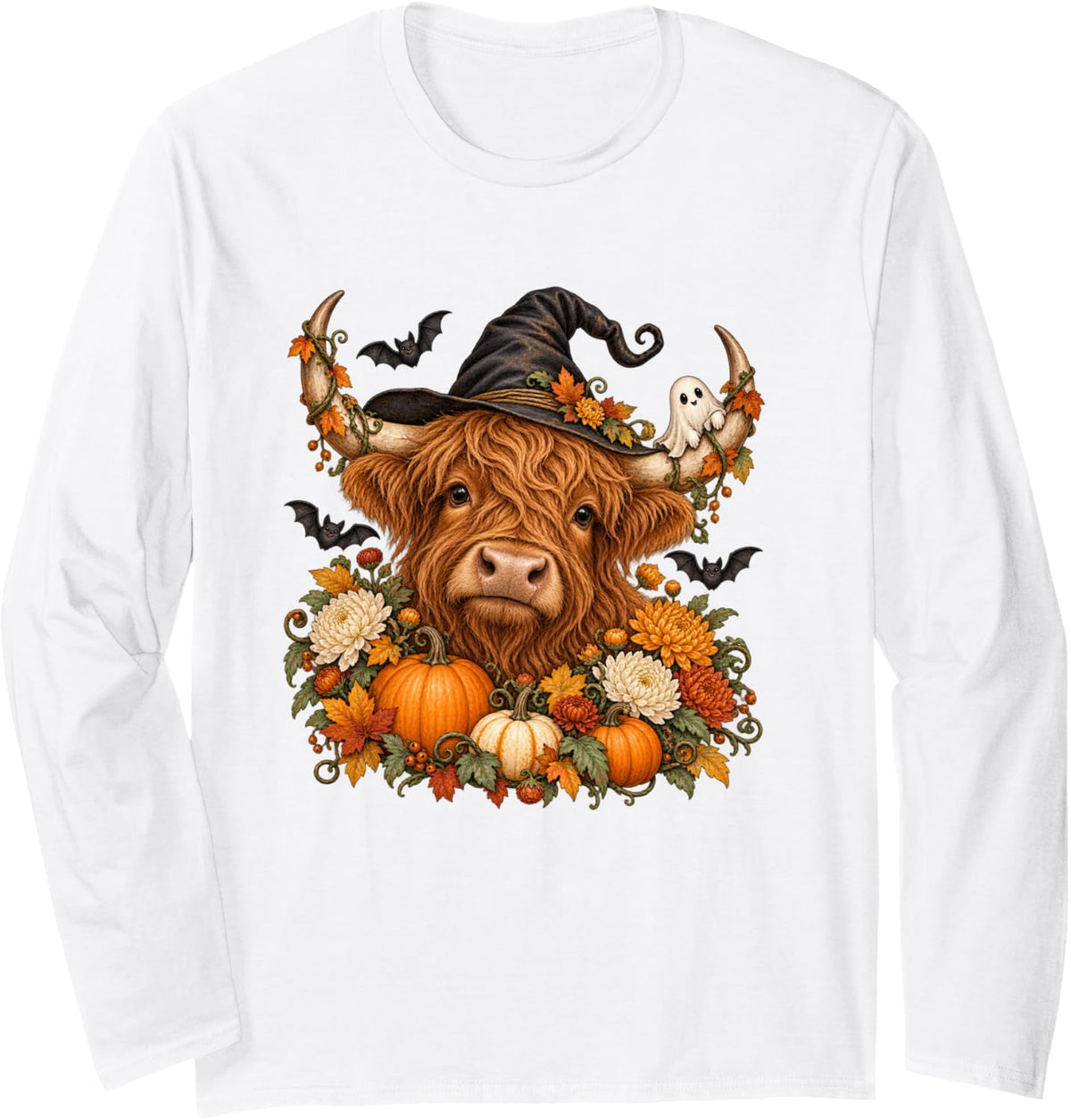 Vintage Halloween Highland Cow Witch Fall Floral Pumpkin Long Sleeve T-Shirt - Adult Unisex White