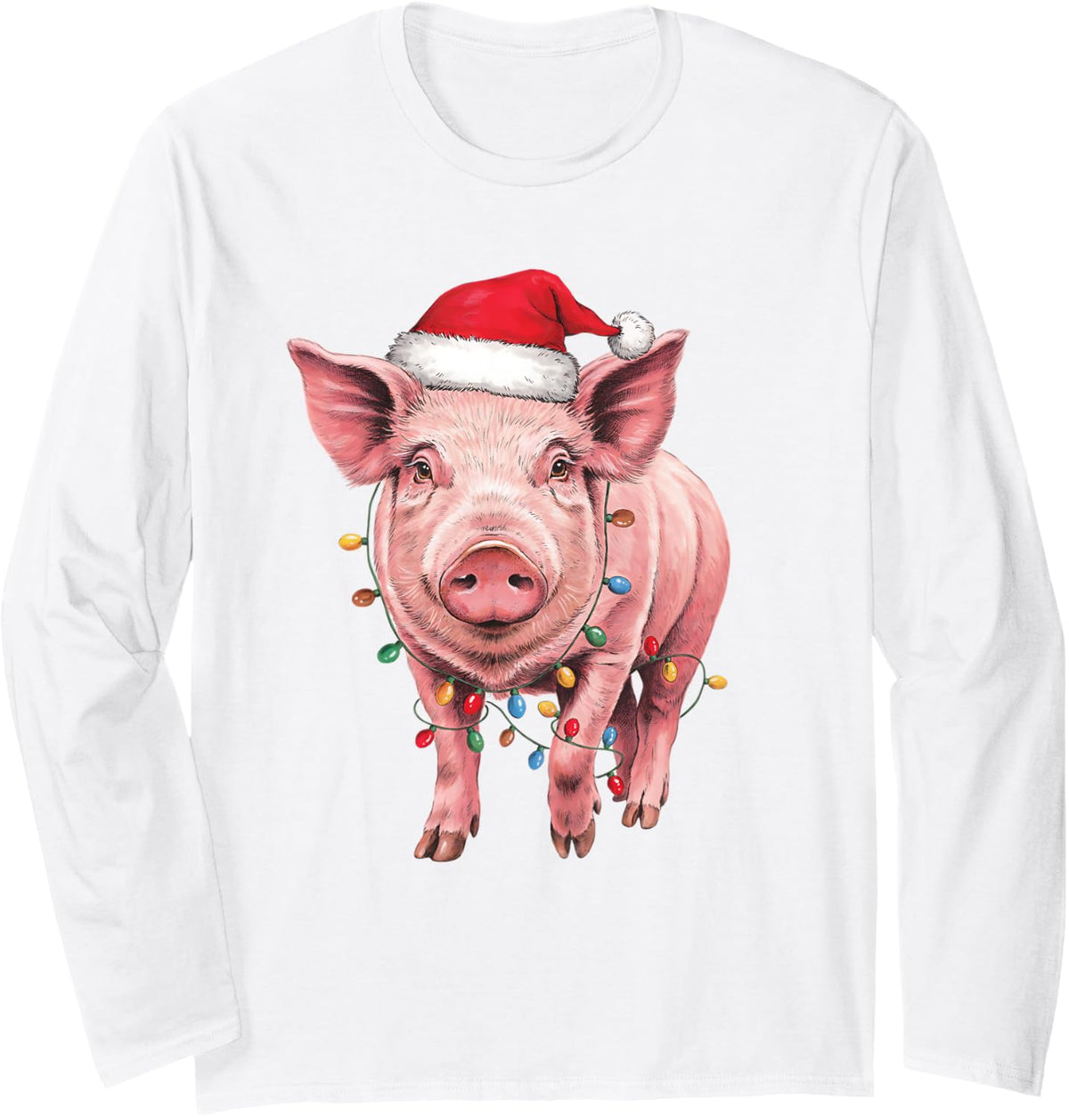 Funny Pig Christmas Lights Santa Hat Animal Lover Mom Dad Long Sleeve T-Shirt - Adult Unisex White