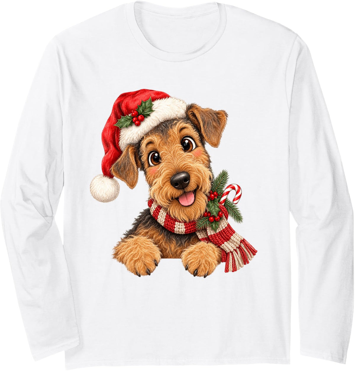 Airedale Terrier Dog Christmas Santa Hat Mom Dad Long Sleeve T-Shirt - Adult Unisex White