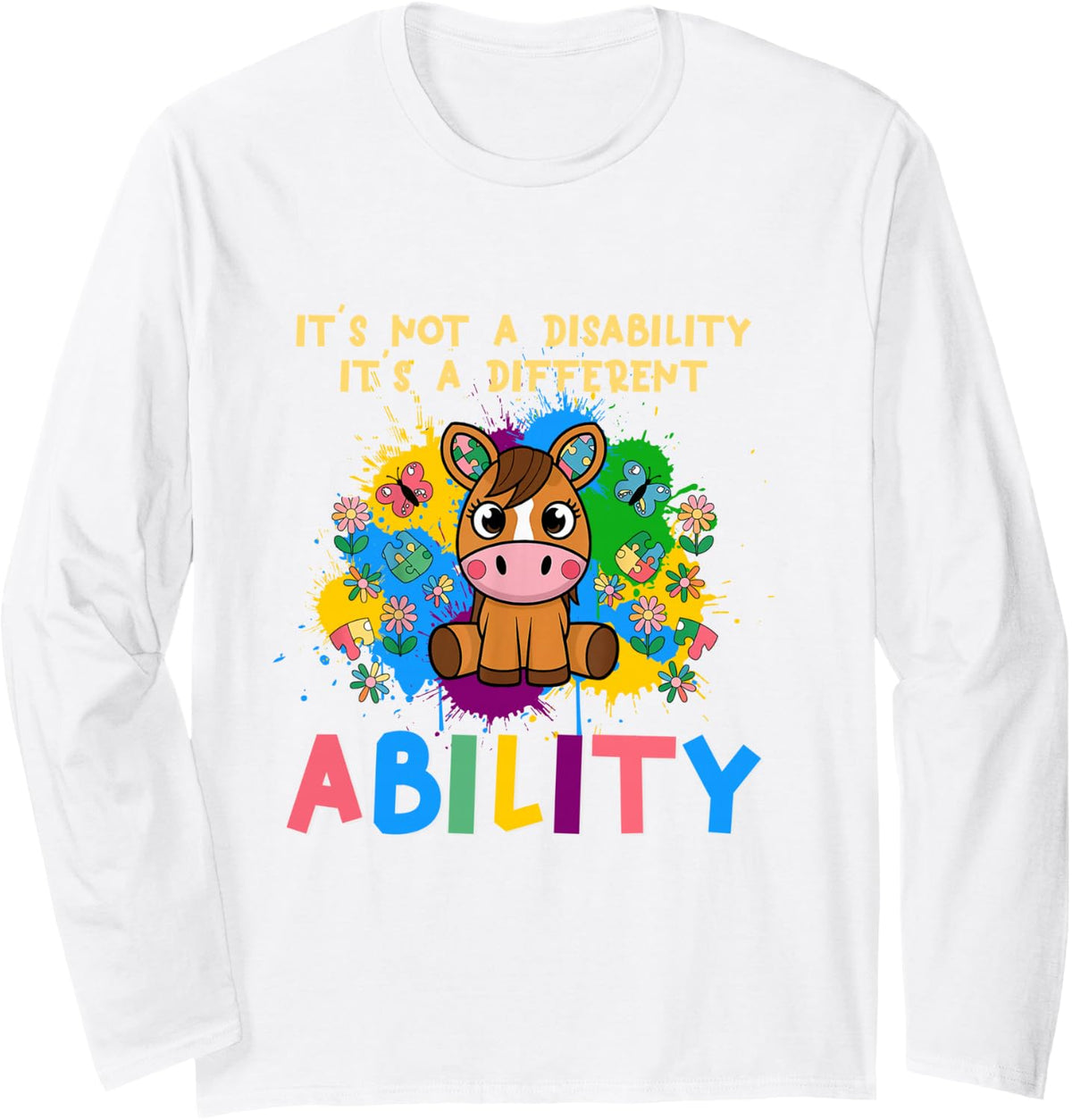 Different Ability Horse Autism Awareness Puzzle Inclusion Long Sleeve T-Shirt - Adult Unisex White