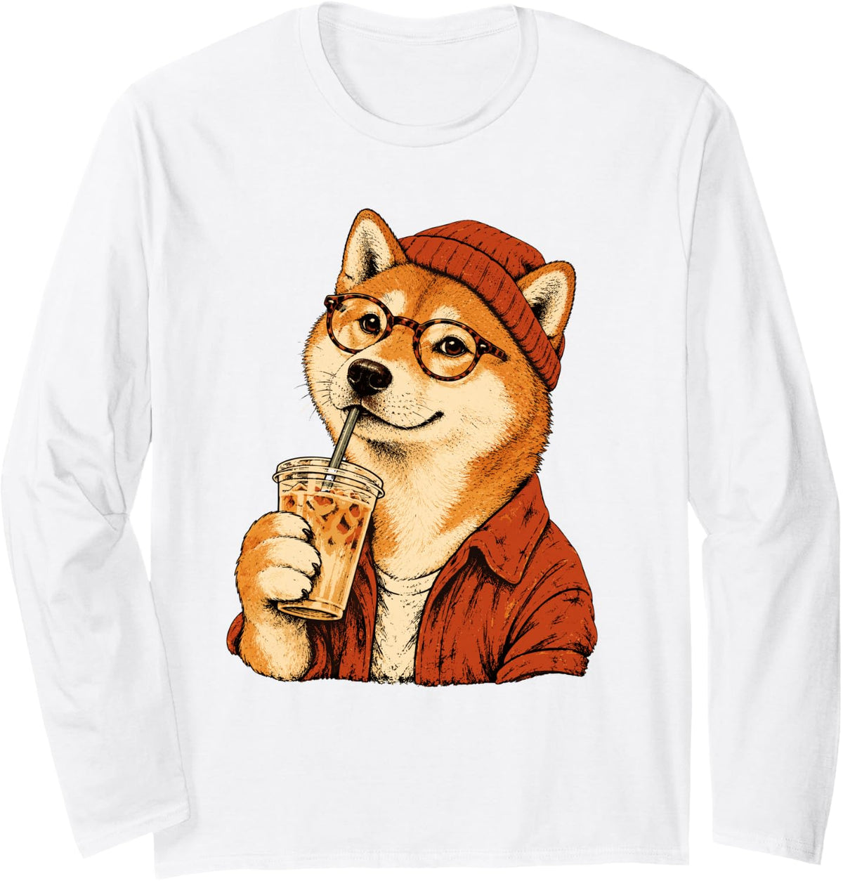 Shiba Inu Dog Hipster Iced Coffee Funny Shiba Inu Long Sleeve T-Shirt - Adult Unisex White