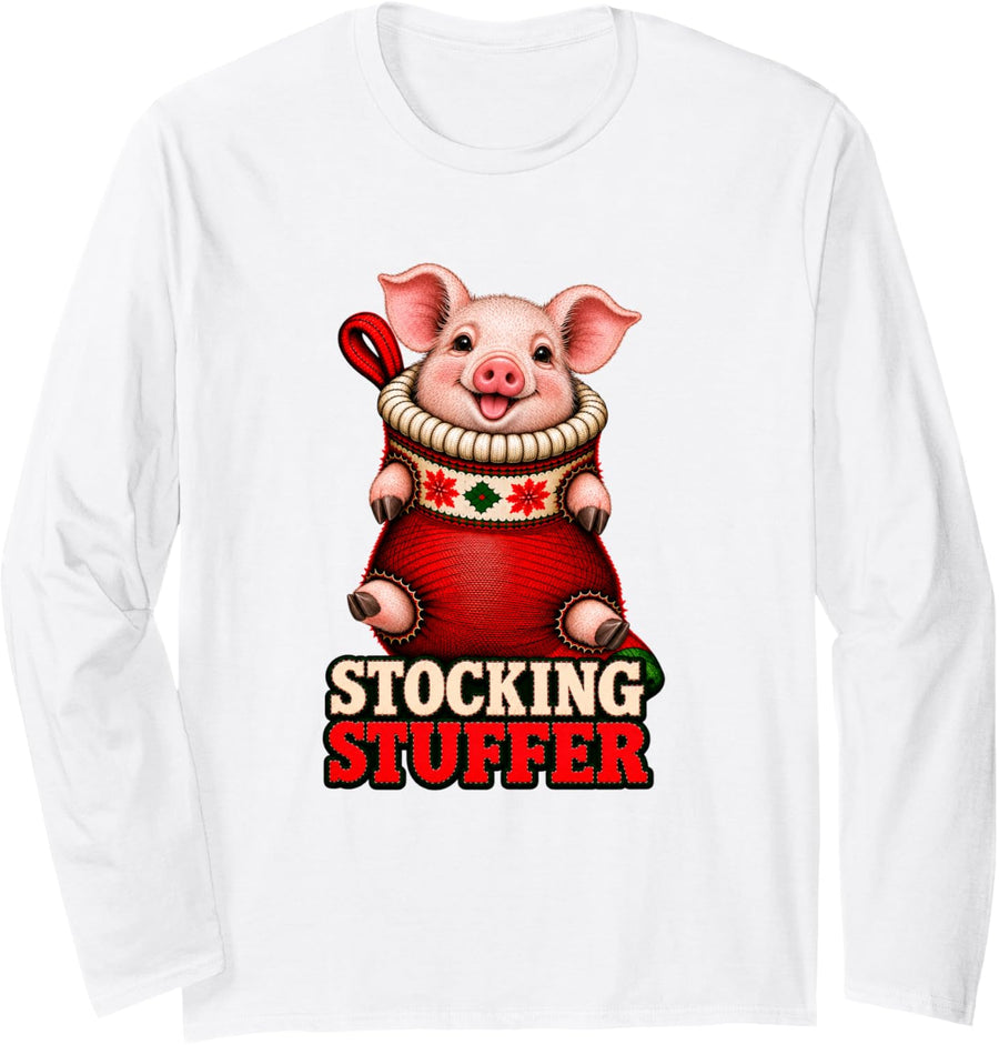 Pig Piglet Christmas Stocking Stuffer Long Sleeve T-Shirt - Adult Unisex White