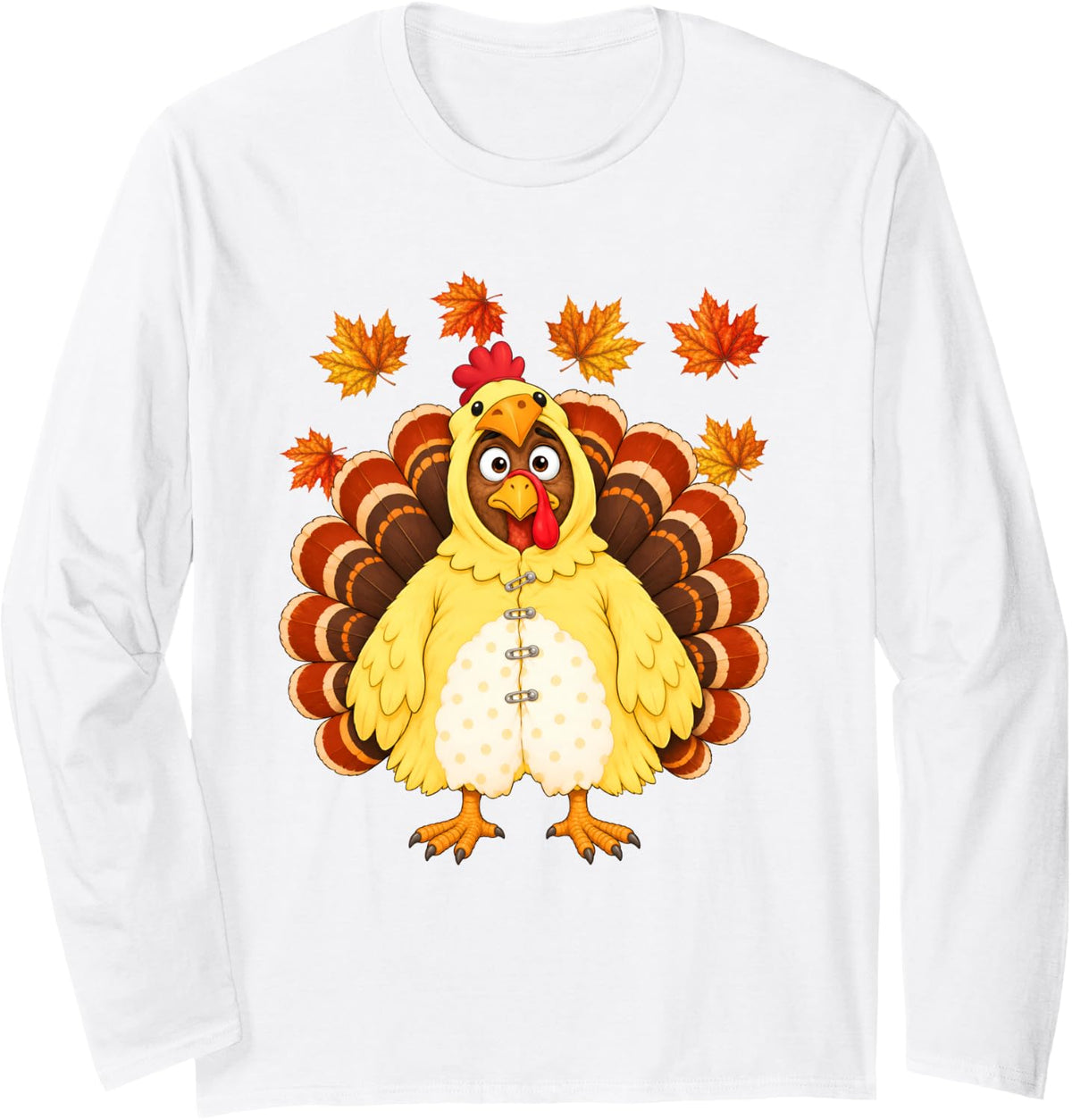 Funny Turkey Dressed As Chicken Fall Autumn Thanksgiving Day Long Sleeve T-Shirt - Adult Unisex White
