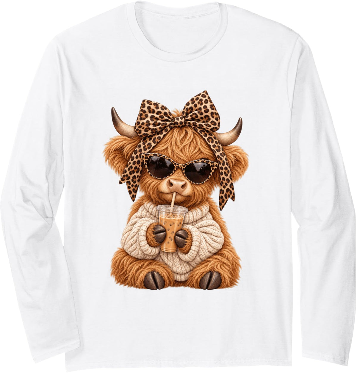 Cute Highland Cow Iced Coffee Leopard Coquette Bow Cowgirl Long Sleeve T-Shirt - Adult Unisex White