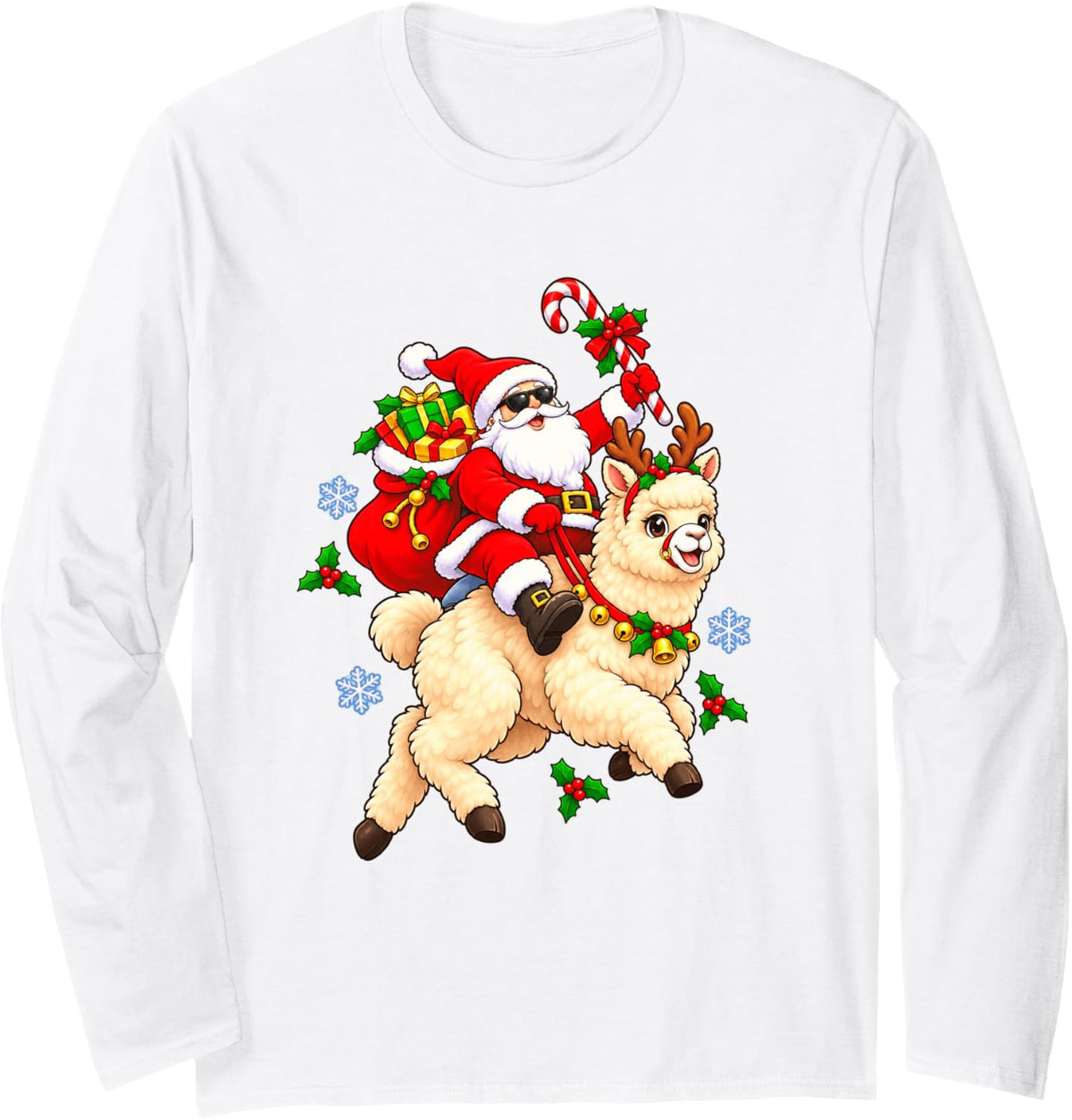 Christmas Santa Cheerful Alpaca Holiday Cartoon Illustration Long Sleeve T-Shirt - Adult Unisex White