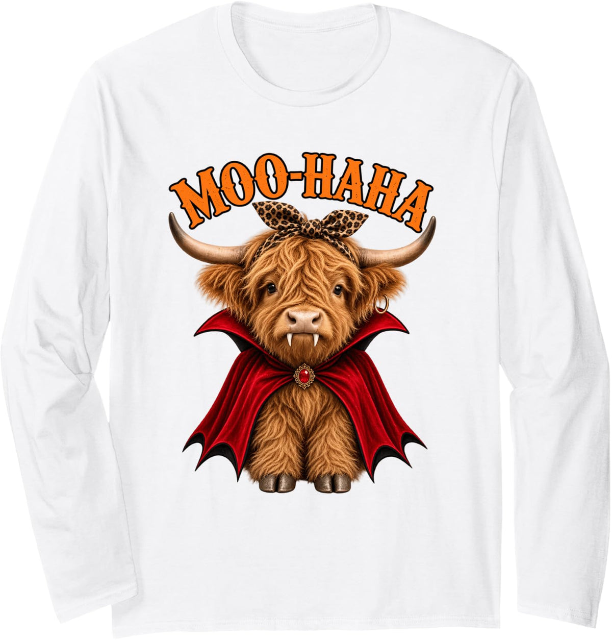 Moo Haha Highland Cow Vampire Funny Halloween Couple Woman Long Sleeve T-Shirt - Adult Unisex White