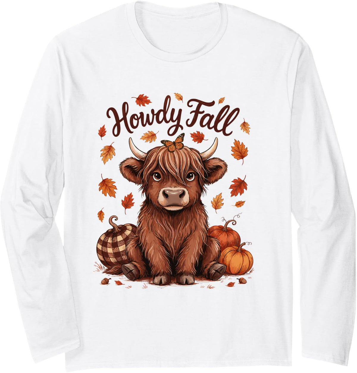 Funny Rustic Thanksgiving Fall Highland Cattle Turkey Season Long Sleeve T-Shirt - Adult Unisex White