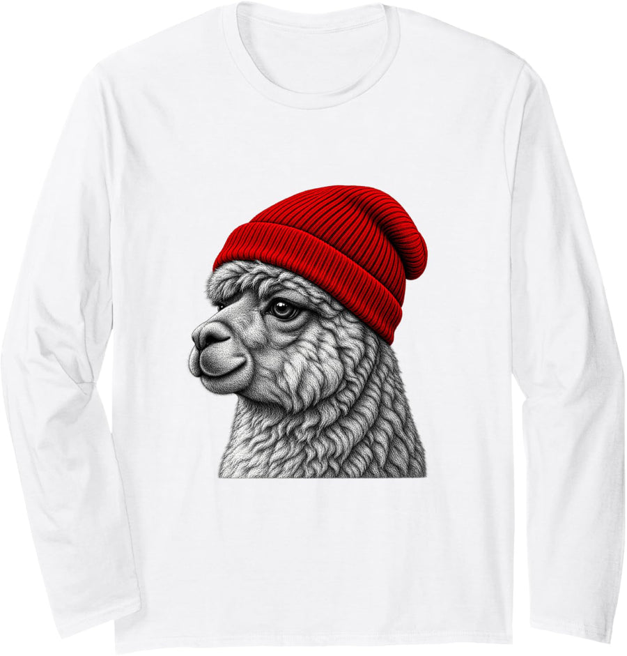 Alpaca Wearing Beanie Funny Chill Animal Lover Long Sleeve T-Shirt - Adult Unisex White