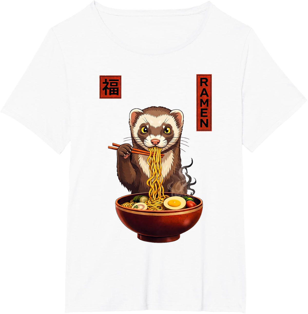 Ferret Ramen Japanese Art Funny Anime Graphic Tee Kawaii T-Shirt - White