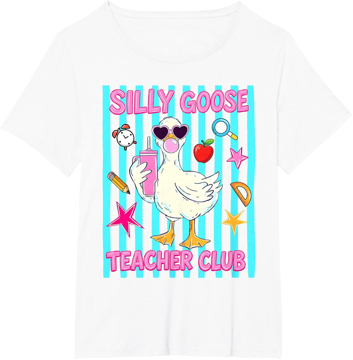 Silly Goose Teacher Club Cute Stripes Goose Back to School T-Shirt - White