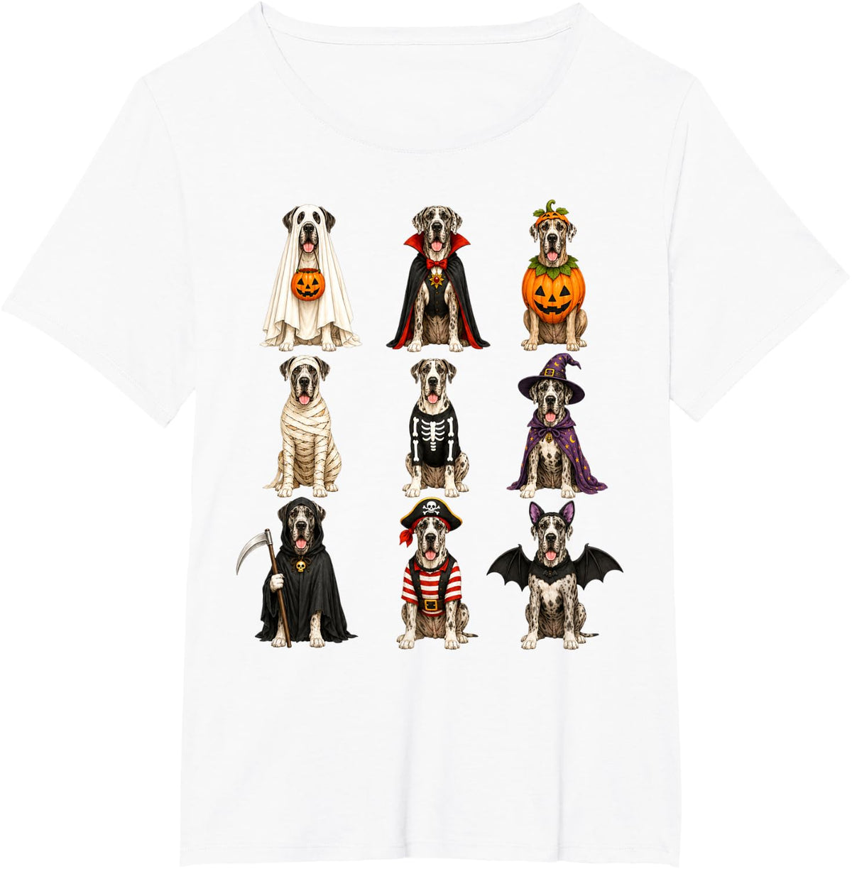 Halloween Great Dane Squad Pumpkin Vampire Mummy Witch Dog T-Shirt - White