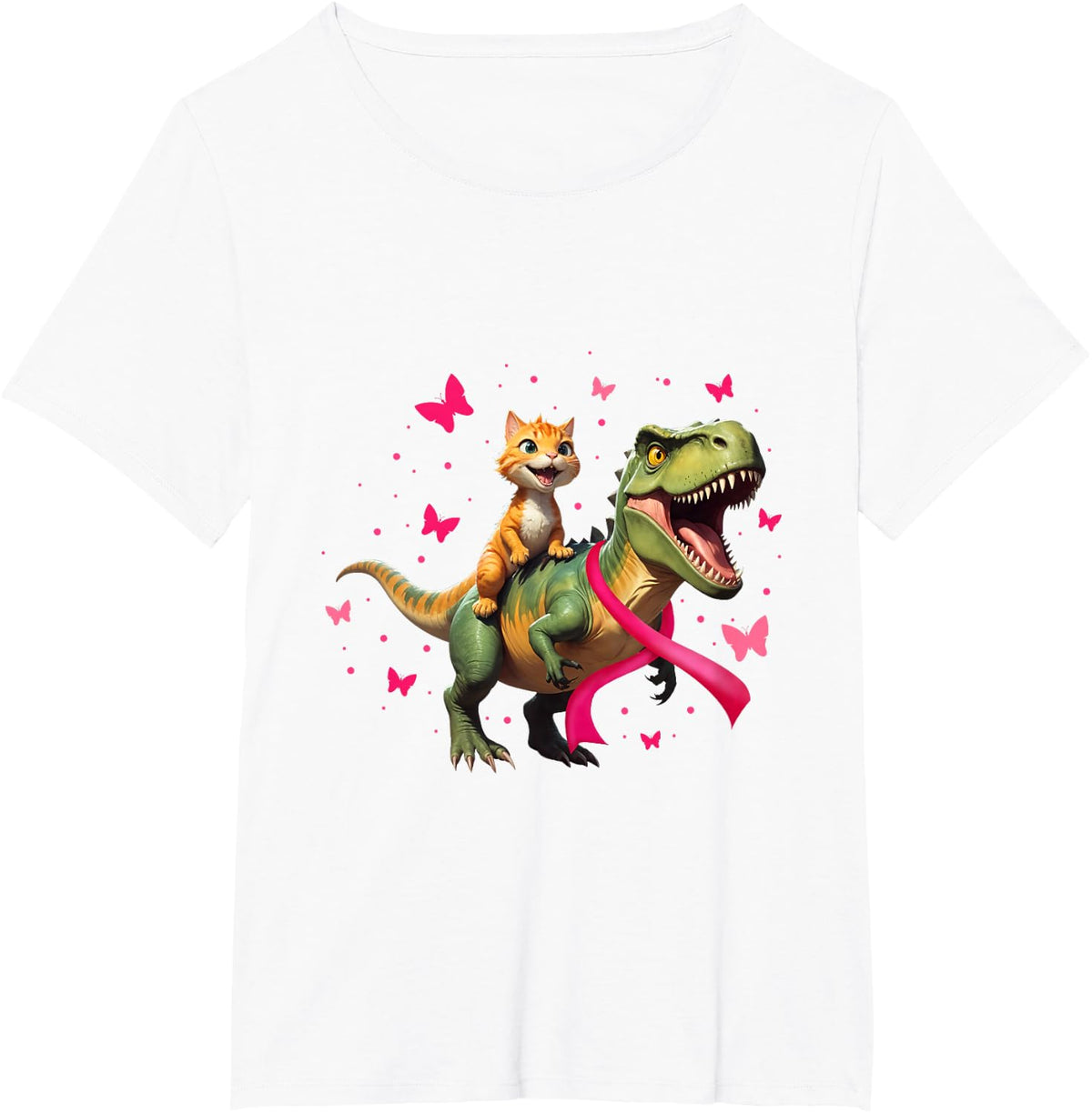 Cat Riding Dinosaur T Rex Butterfly Breast Cancer Awareness T-Shirt - White