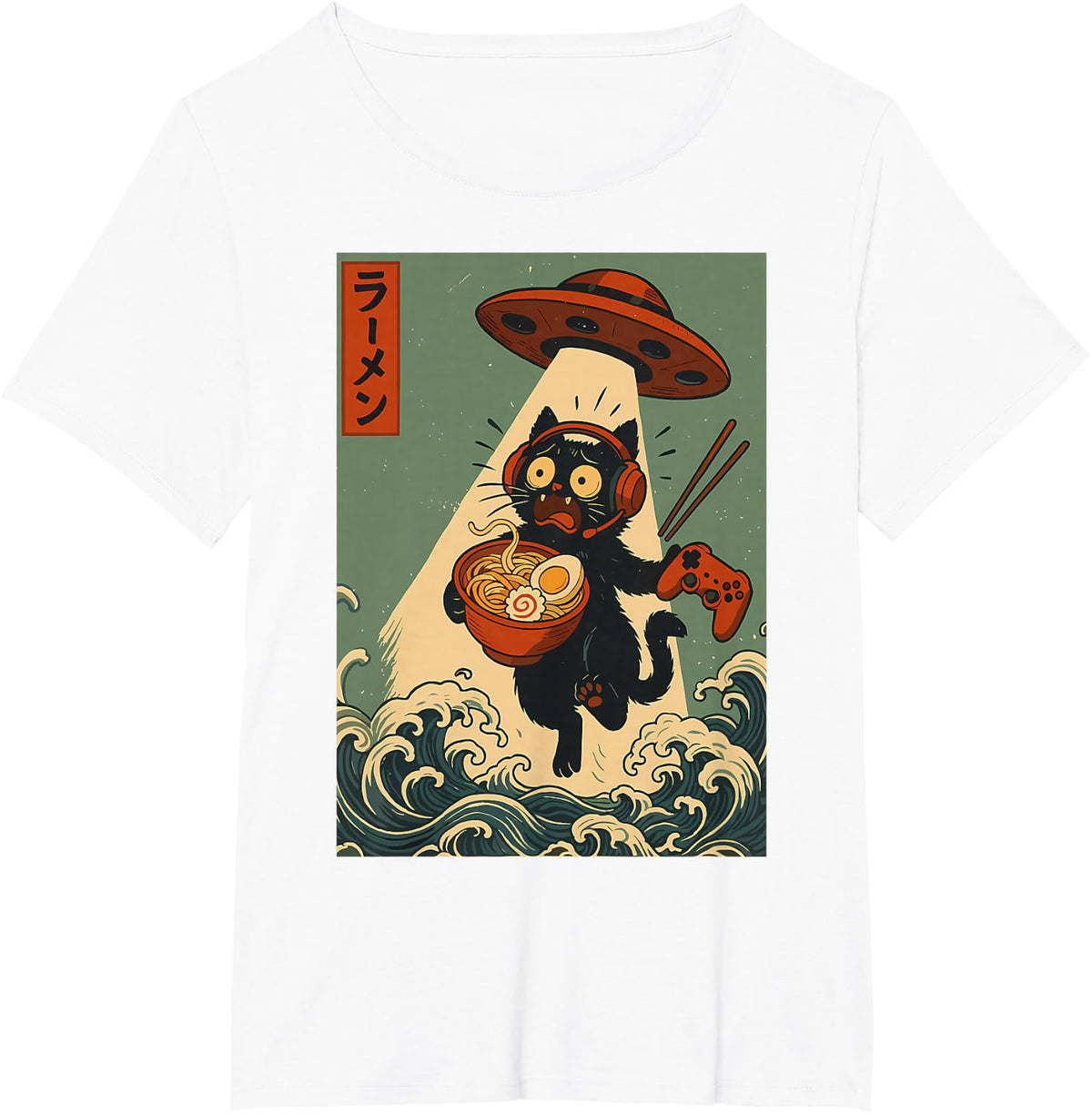 Funny Black Cat UFO Ramen Gamer Japanese Retro T-Shirt - White