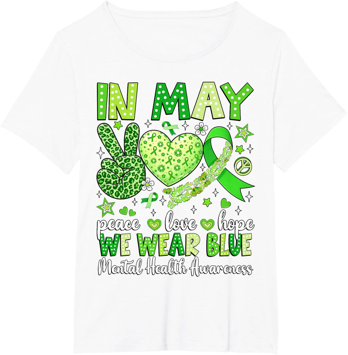 Peace Love Hope Mental Health Awareness Green Ribbon Kids T-Shirt - White