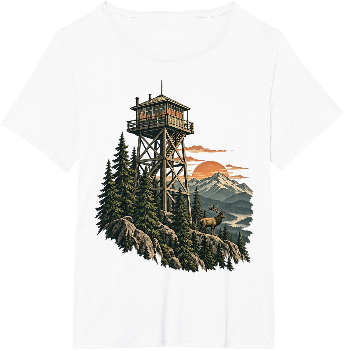 Elk Ridge Fire Lookout Tower Wilderness Art T-Shirt - White