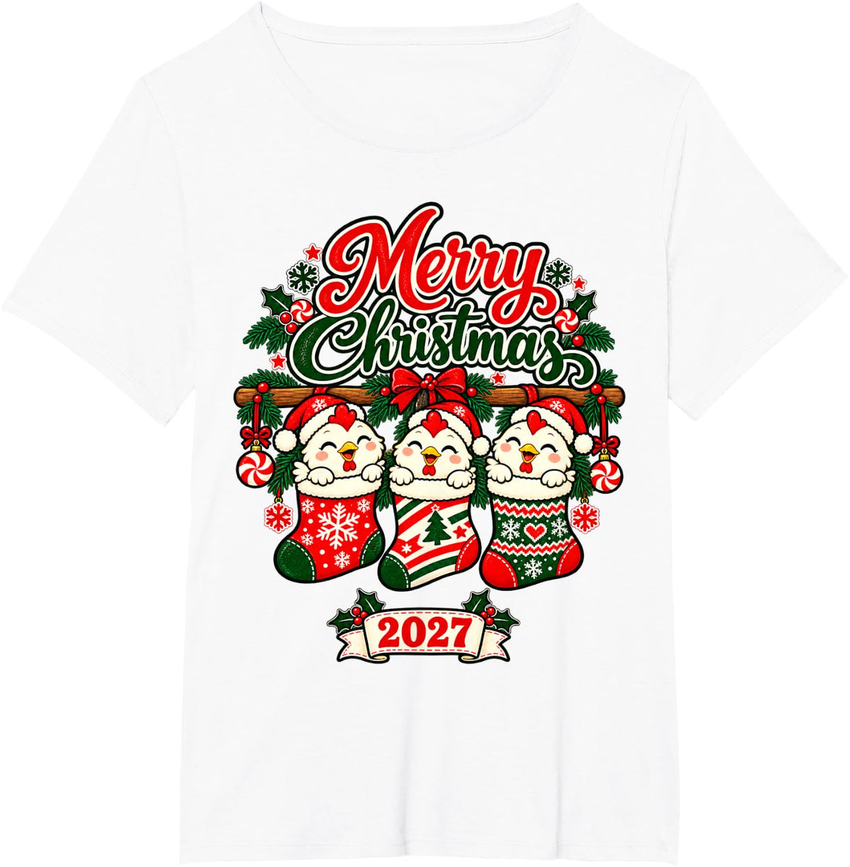 Merry Christmas 2027 Happy Chicken in Stockings Men Women T-Shirt - White