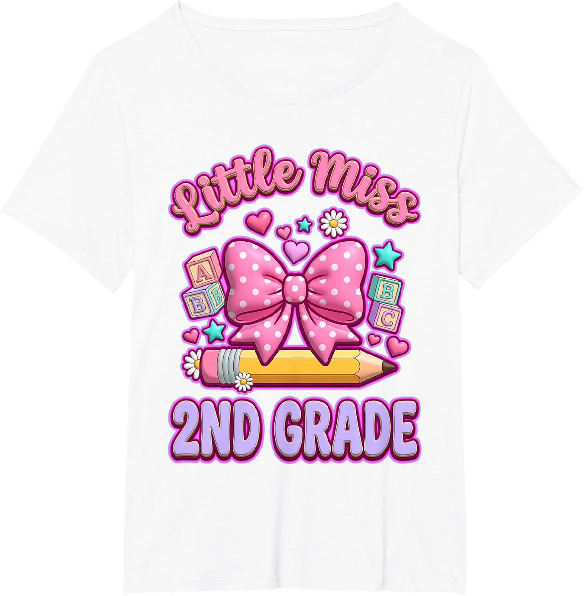 Little Ms 2nd Grade Back to School Bow Pencil Graphic T-Shirt - White