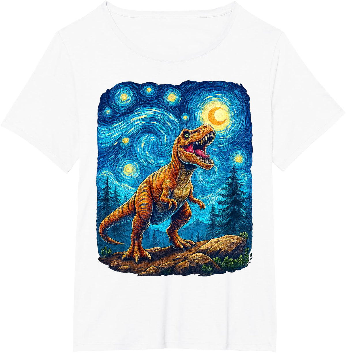 T-Rex Starry Night Van Gogh Dinosaur Dino Art Gifts Funny T-Shirt - White