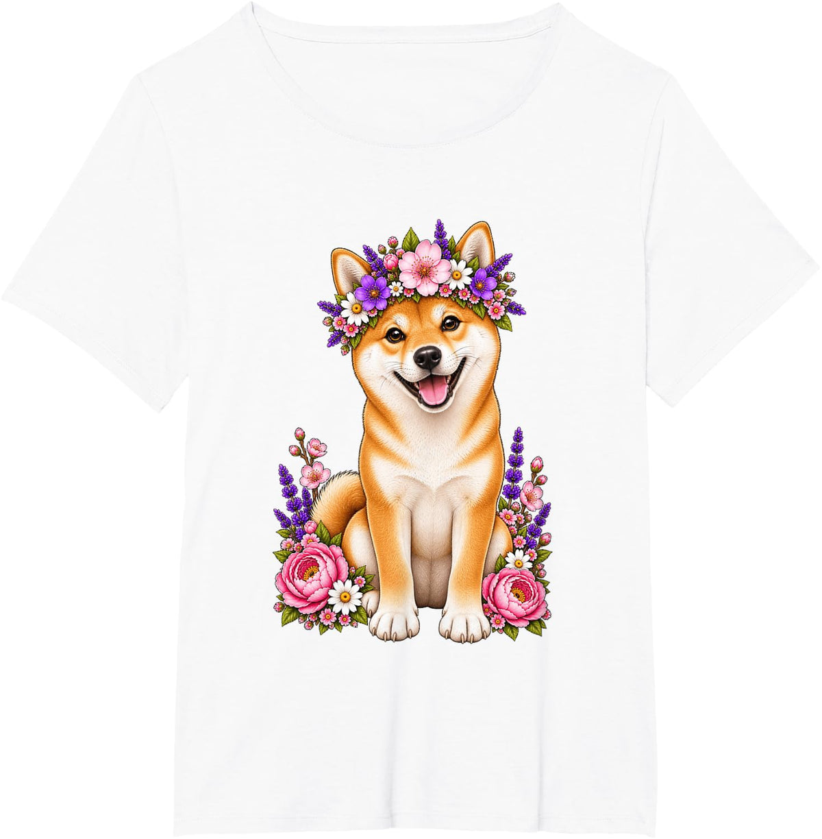 Shiba Inu Cute Floral Puppy Crown Flowers Adorable Dog T-Shirt - White