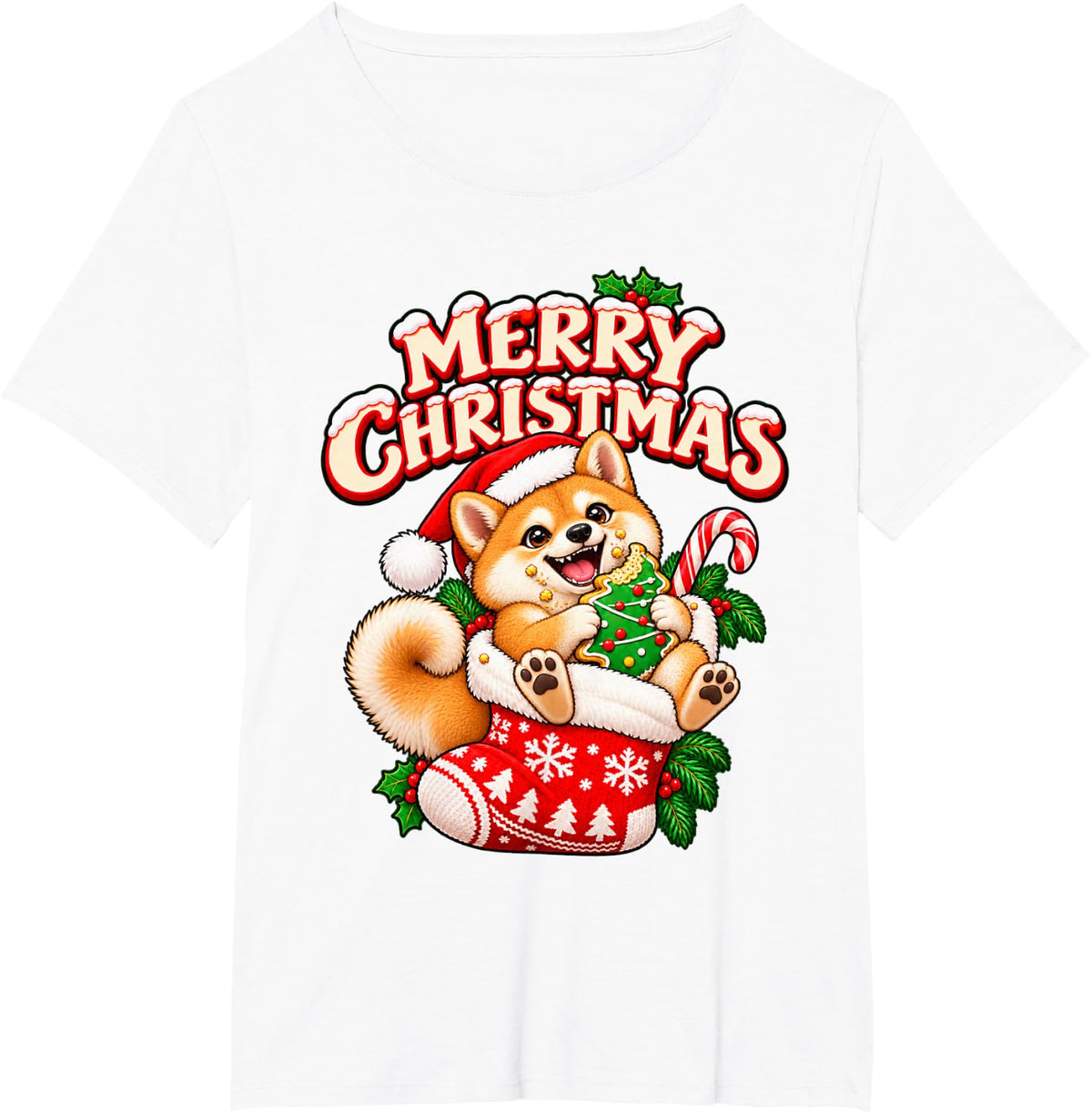 Merry Christmas Happy Shiba Inu Cute Stocking Funny T-Shirt - White
