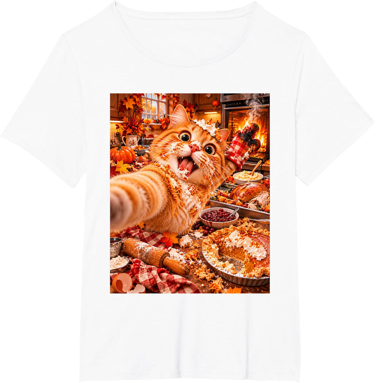 Funny Thanksgiving Cat Selfie Kitchen Disaster Turkey Dinner T-Shirt - White