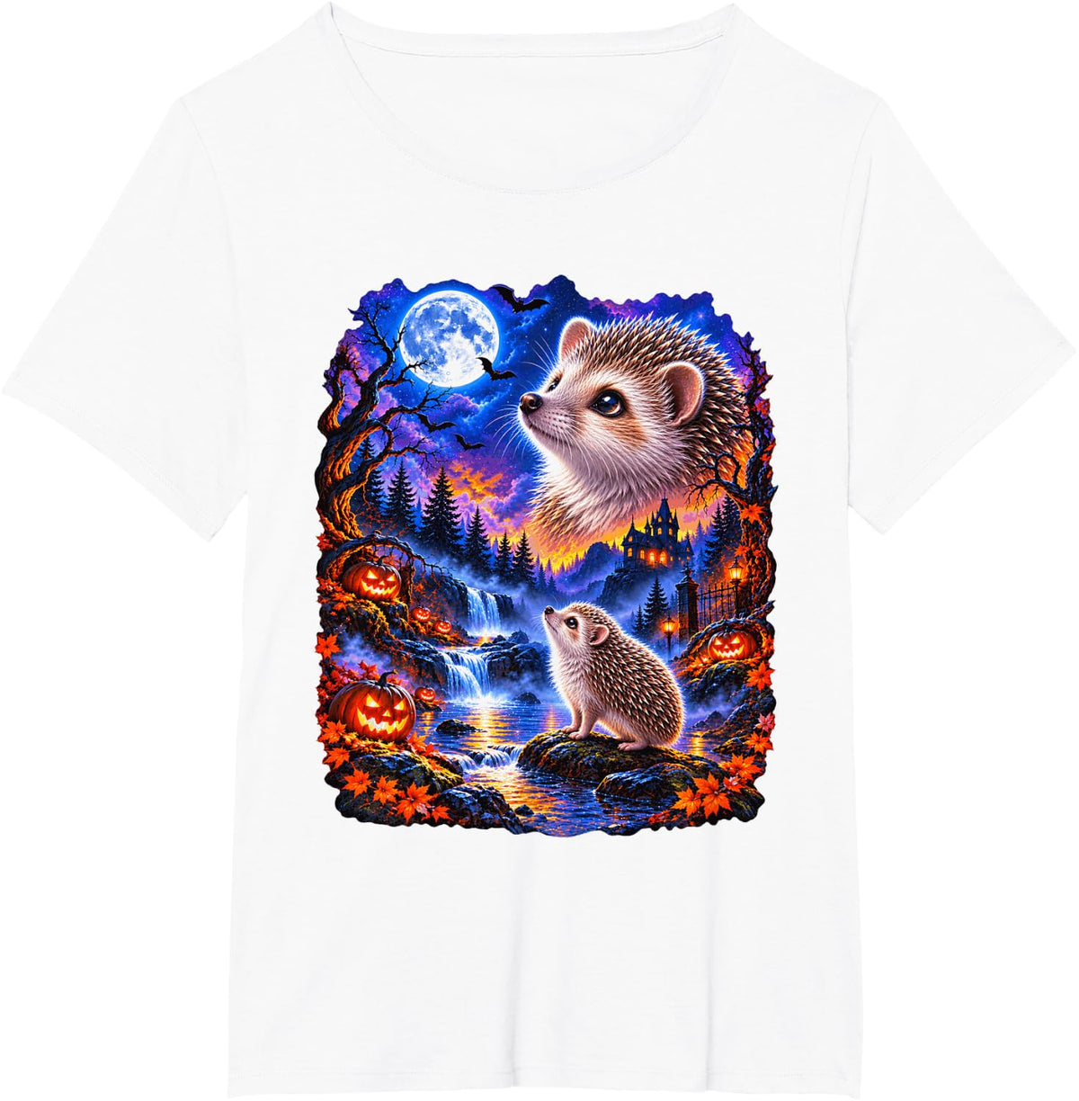 Hedgehog Halloween Moon Pumpkin Wildlife T-Shirt - White