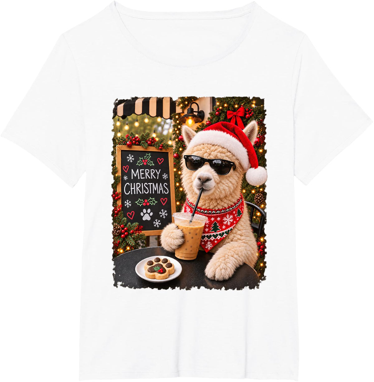 Merry Christmas Chill Alpaca Coffee Santa Hat Holiday T-Shirt - White