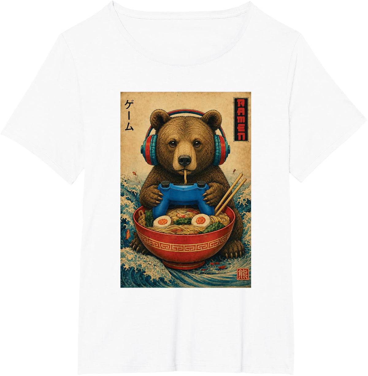 Ramen Gamer Bear Funny Gaming Animal Men Boys Kids T-Shirt - White