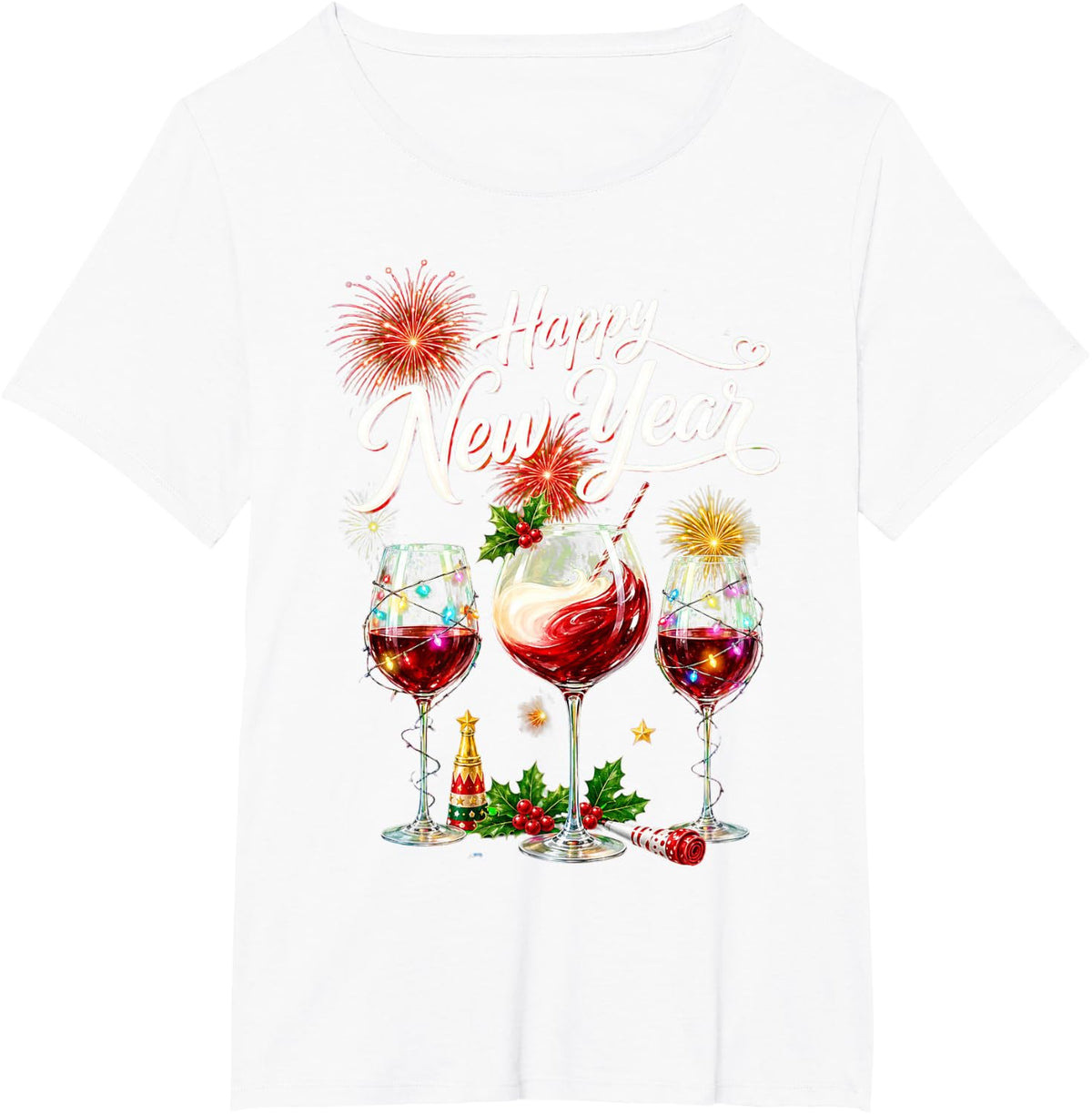 Happy New Year 2026 New Years Eve Fireworks Glasses of Wine T-Shirt - White