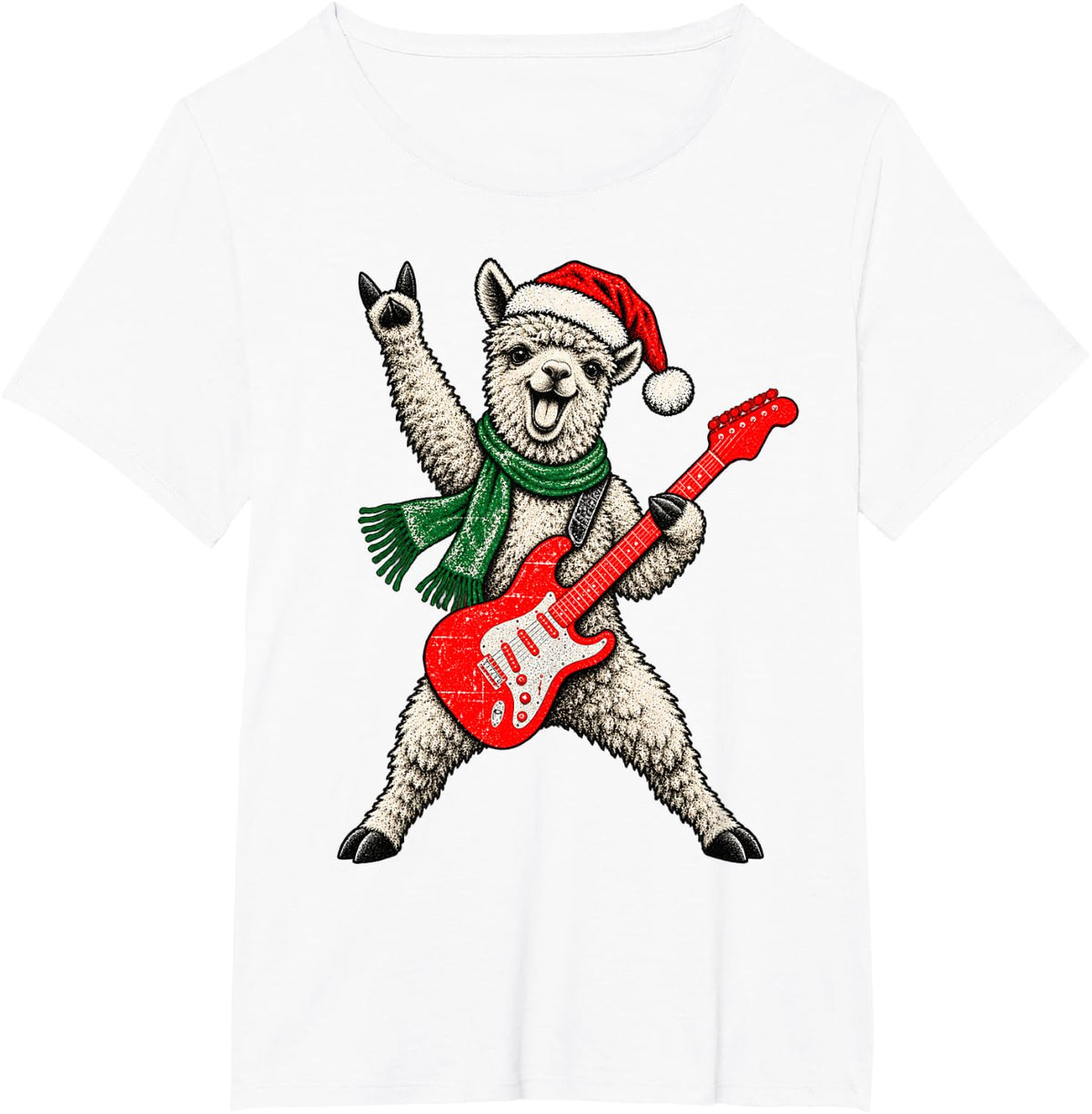 Vintage Alpaca Rock Playing Guitar Funny Christmas T-Shirt - White