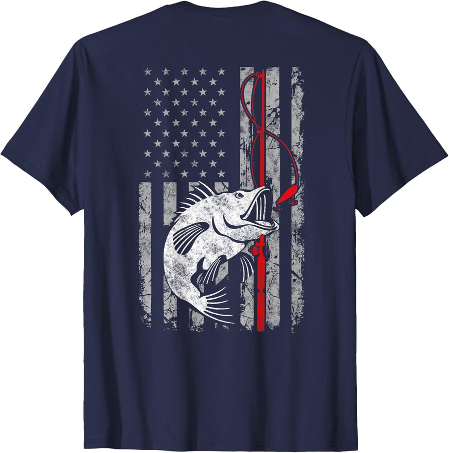 Fishing American Flag Vintage USA Bass Fisherman T-Shirt - Navy Blue