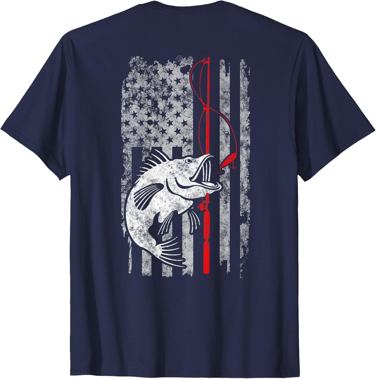 Fisherman Gift Vintage Fishing American Flag Bass Fishing T-Shirt - Navy Blue