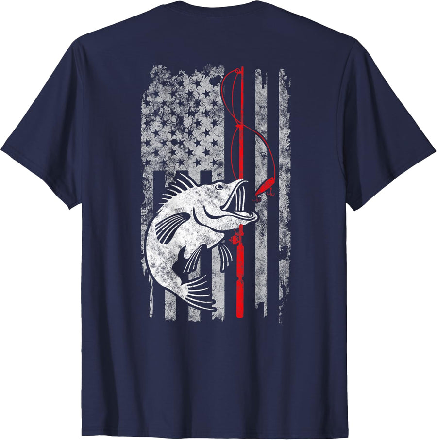 Fisherman Gift Vintage Fishing American Flag Bass Fishing T-Shirt - Navy Blue