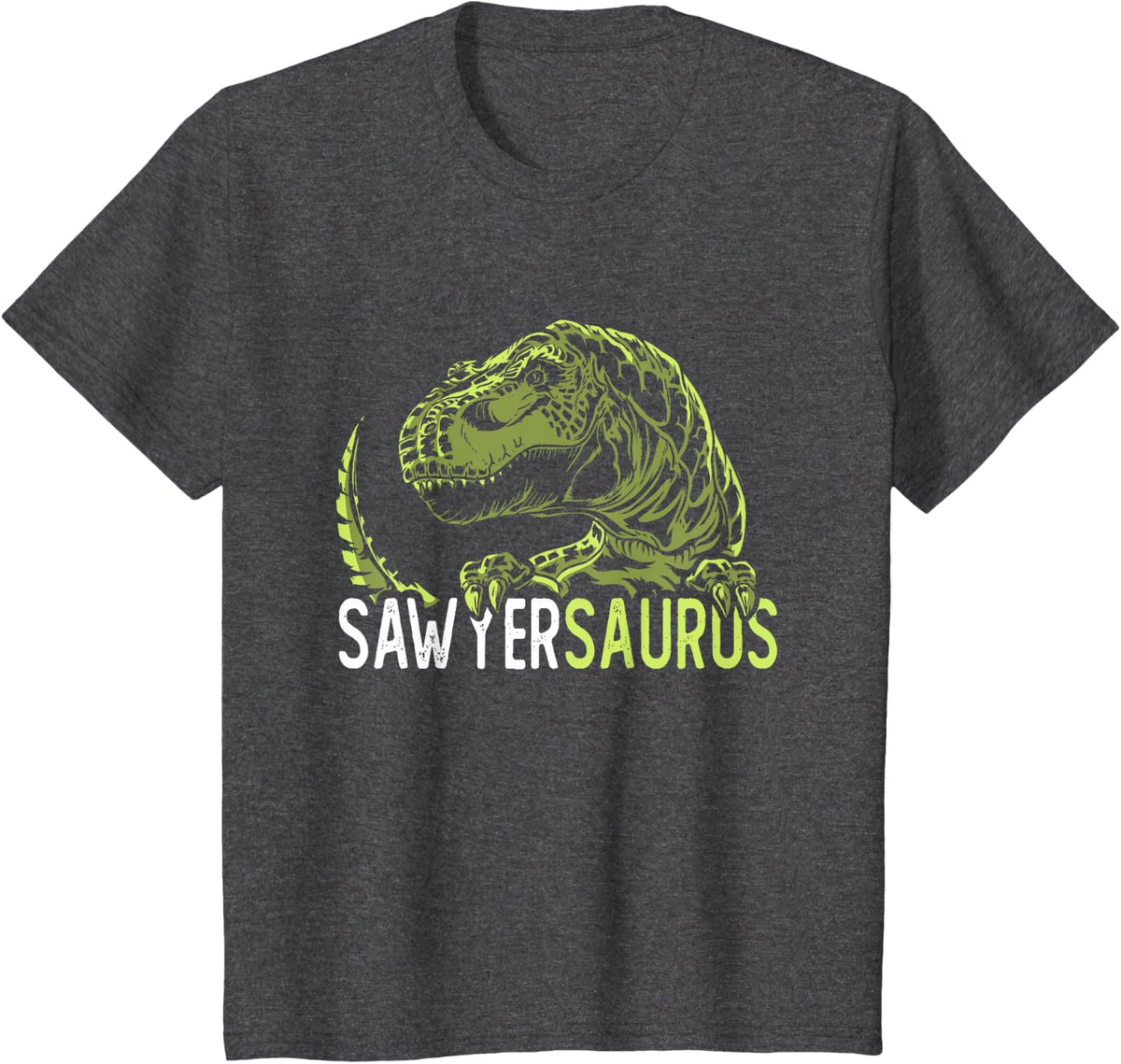 Sawyer Saurus Personalised Name Dinosaur T-Rex Tees T Shirts For Kids Boys Men - Dark Heather Grey