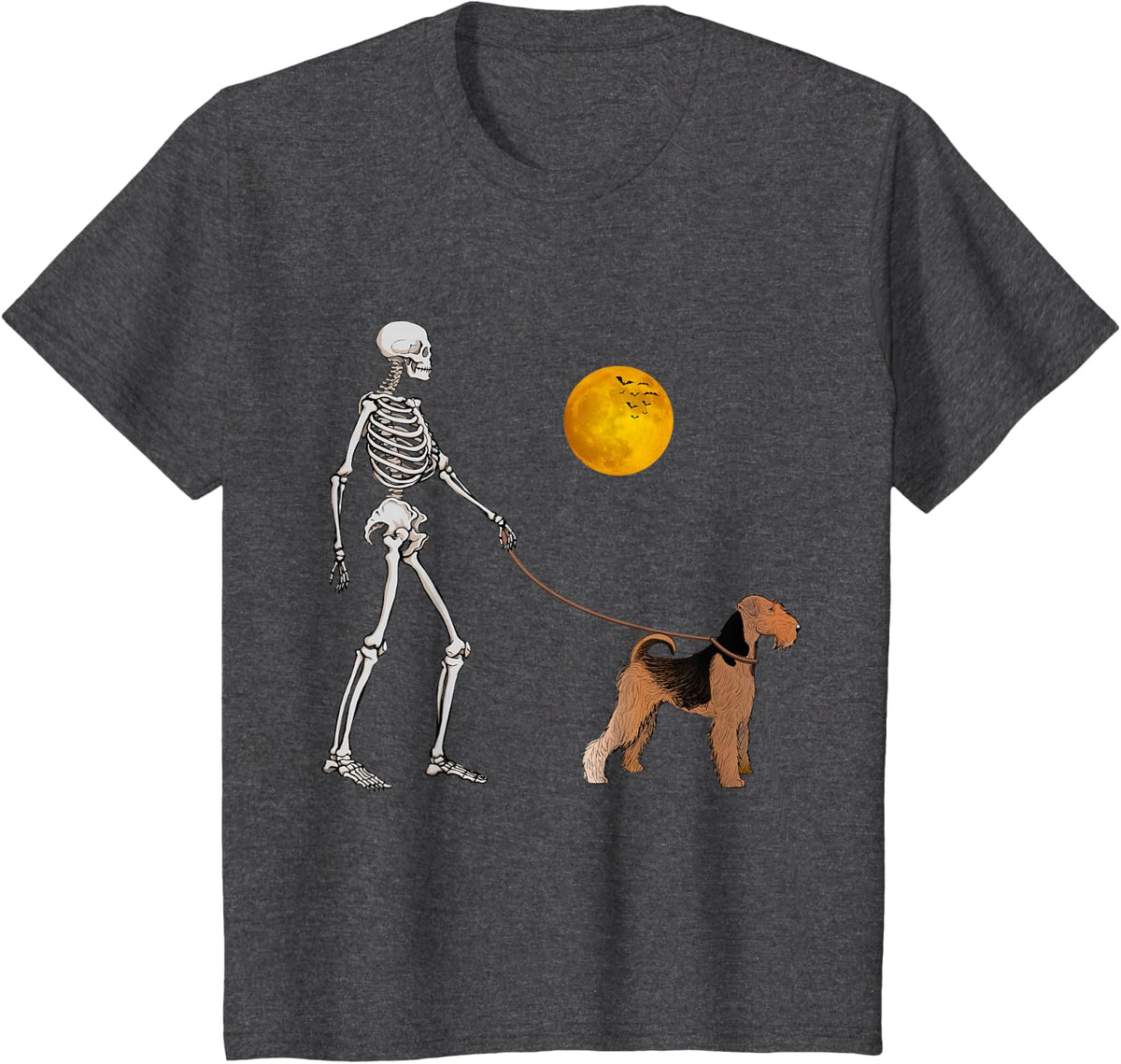 Airedale Terrier Skeleton Dog Walking Halloween Costume T-Shirt - Dark Heather Grey