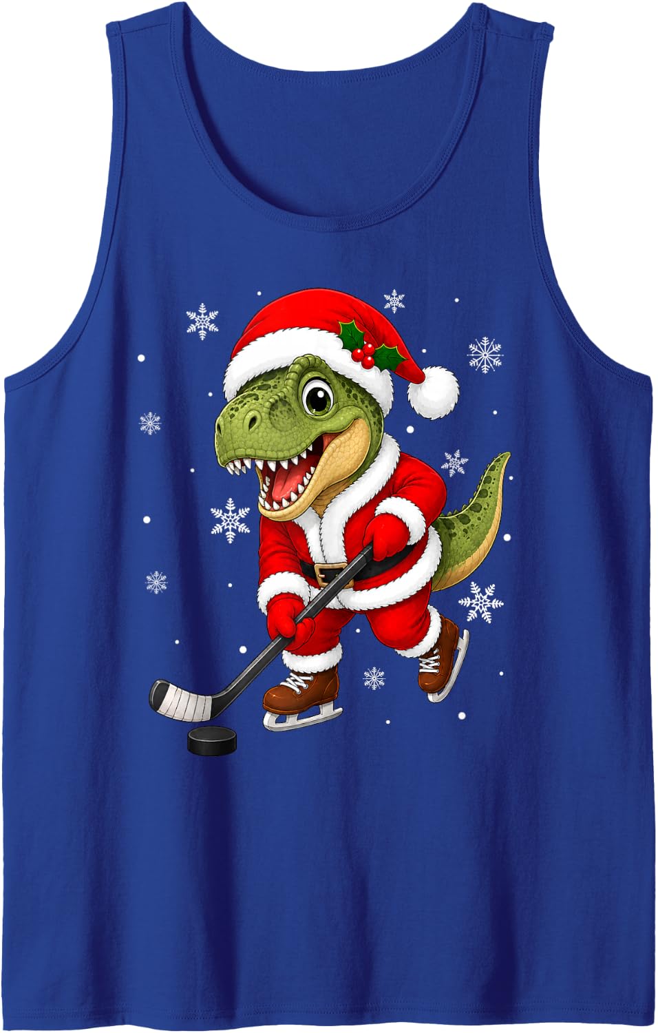 Cute Santa Dinosaur Plays Ice Hockey Christmas Dino Sleeveless Tank Top - Royal Blue