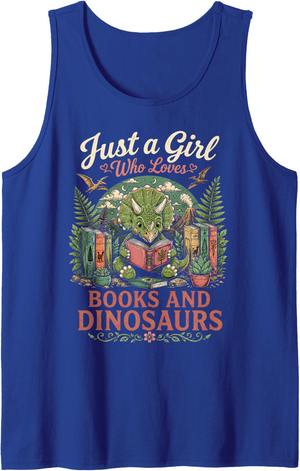 Just Girl Who Loves Books Dinosaur Triceratops Reading Lover Sleeveless Tank Top - Royal Blue