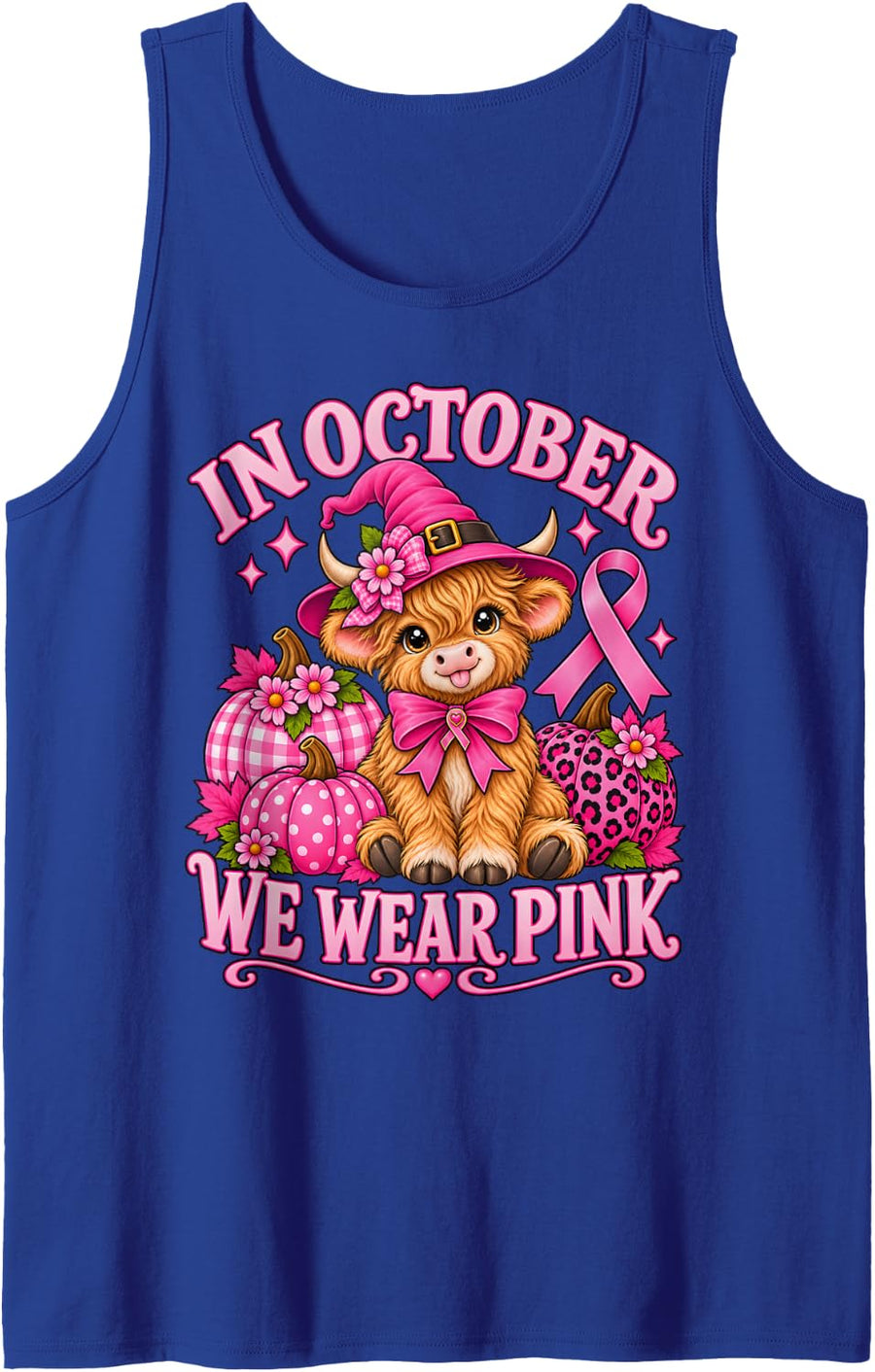 in October We Wear Pink Highland Cow Breast Cancer Awareness Sleeveless Tank Top - Royal Blue