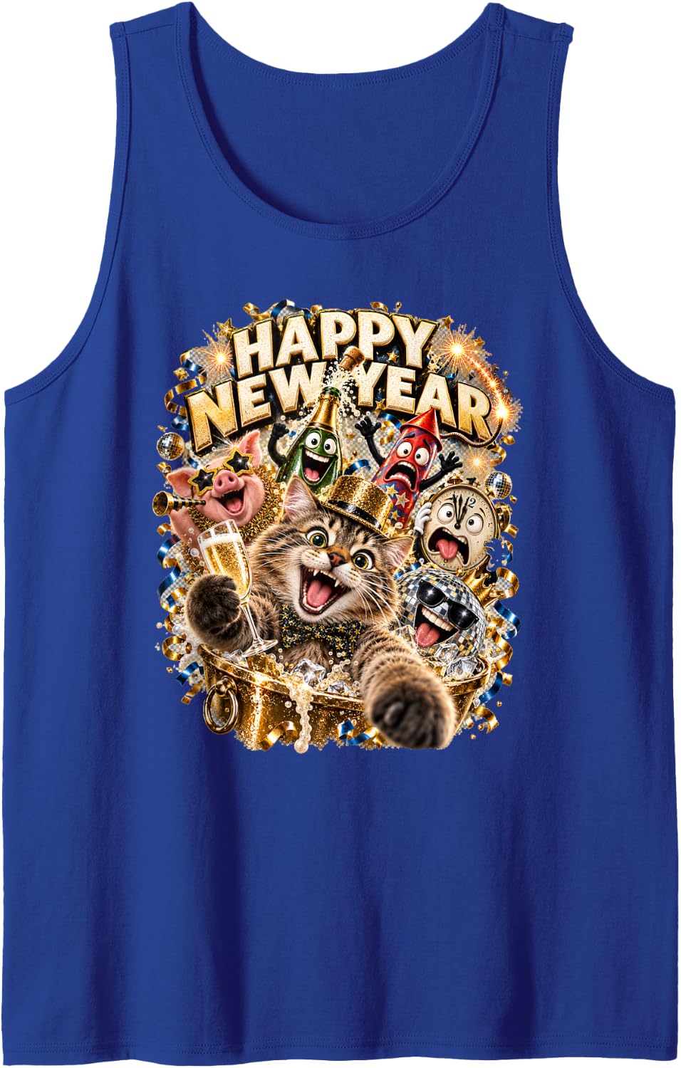 Happy New Year Cat Selfie Raised Glass Party Art Sleeveless Tank Top - Royal Blue