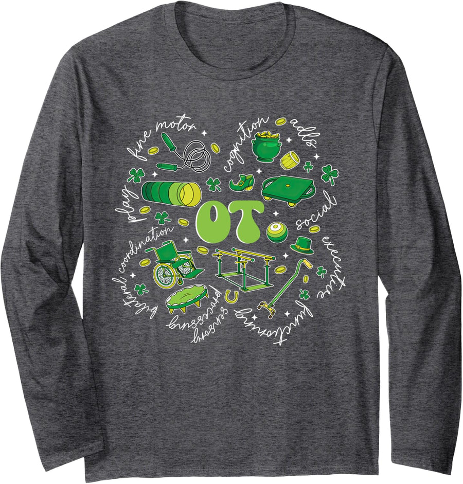 Cute Occupational Therapy OT Shamrocks St. Patrick's Day Long Sleeve T-Shirt - Adult Unisex Dark Heather Grey