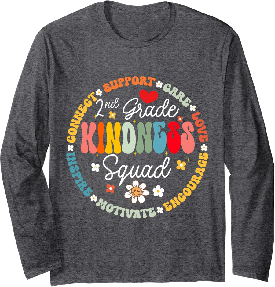 Second Grade Teacher Team - 2nd Grade Kindness Squad Groovy Long Sleeve T-Shirt - Adult Unisex Dark Heather Grey