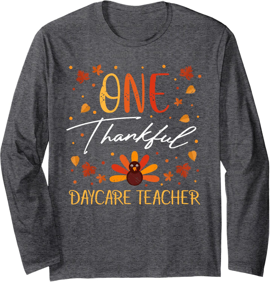 One Thankful Daycare Teacher Thanksgiving Vintage Fall Long Sleeve T-Shirt - Adult Unisex Dark Heather Grey